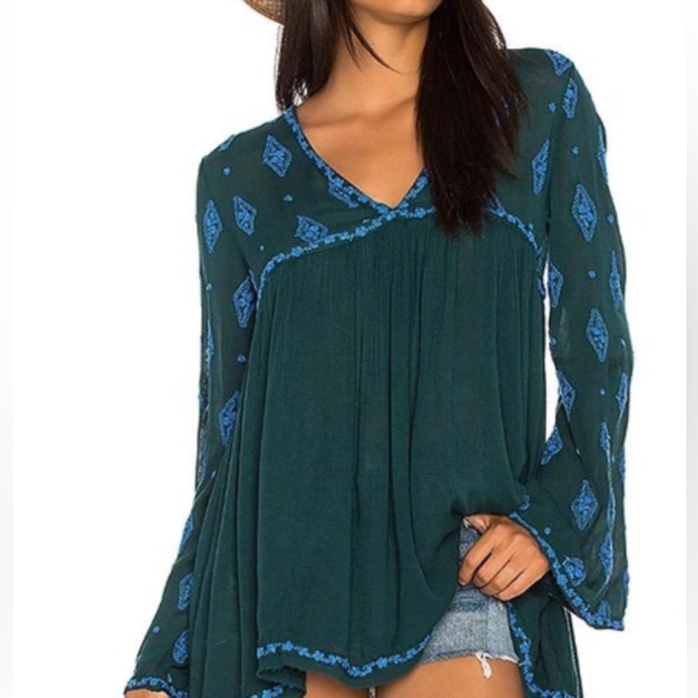 Free People Diamond Embroidered Bell Long Sleeve Top Green & Blue EUC SIZE Small